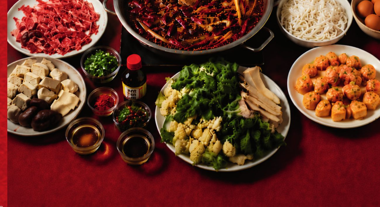 Mala hot pot spread with vegetables and meats